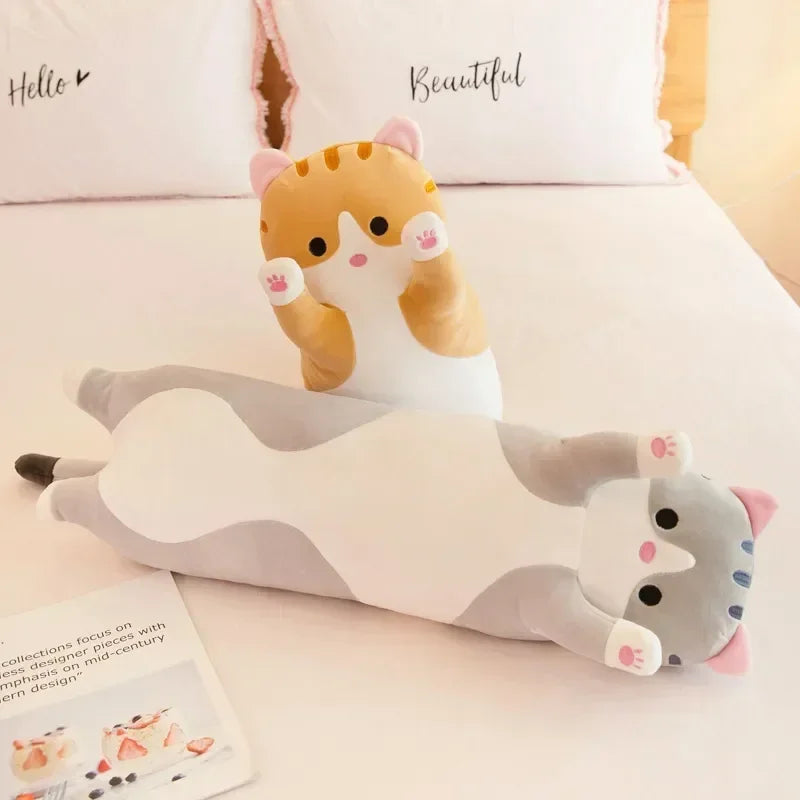 Grey long cat plush, cozy nursery decor and comforting nap pillow for kids.