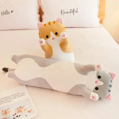 Grey long cat plush, cozy nursery decor and comforting nap pillow for kids.