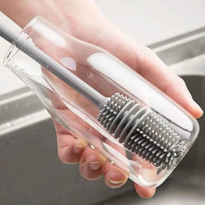 Long handle silicone baby bottle cleaning brush in gray, designed for nursing and feeding 125 characters