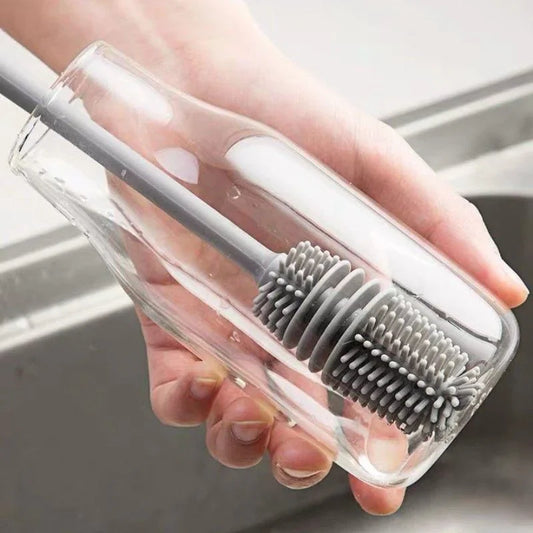 Long handle silicone baby bottle cleaning brush in gray, designed for nursing and feeding 125 characters