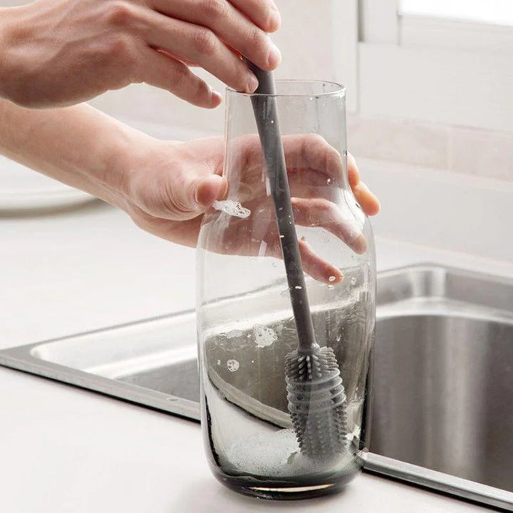 Flexible silicone long handle bottle brush in gray, designed for tough-to-reach areas in bottles 125 characters