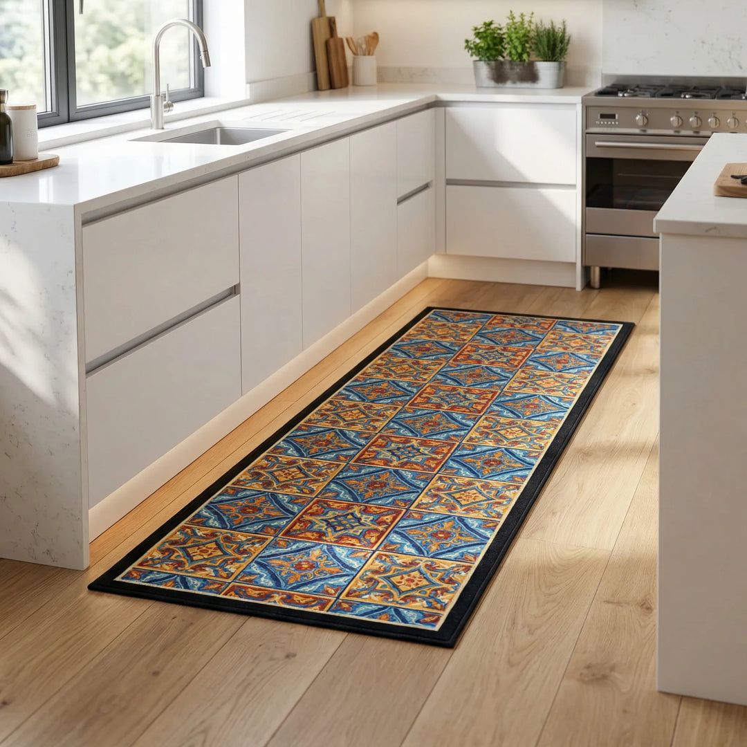 Long kitchen runner rug with non-slip backing, featuring a stylish tile pattern.