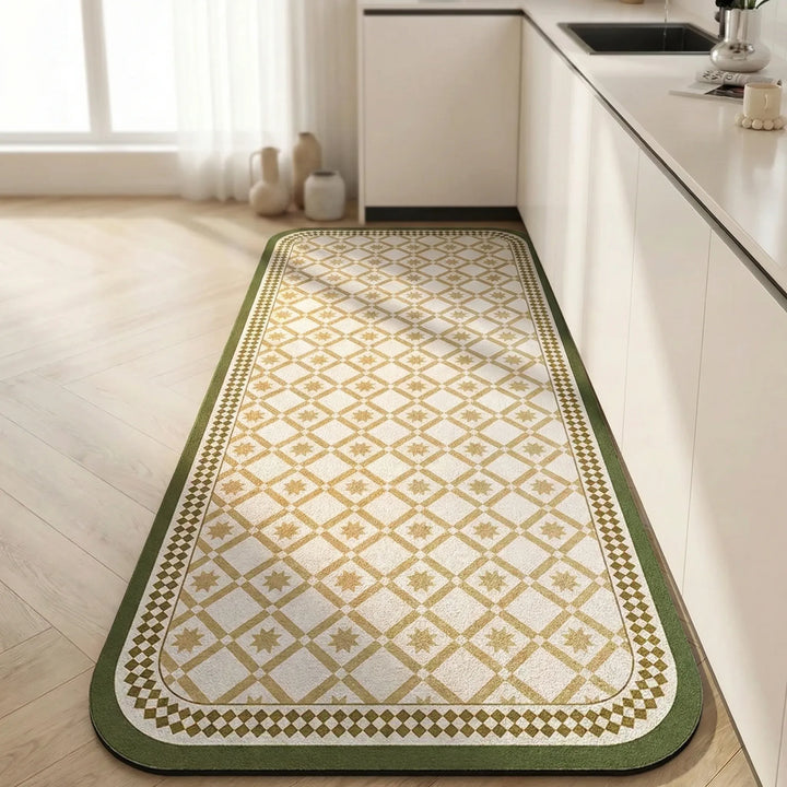 Soft, durable long kitchen runner rug, non-slip floor mat, showcasing a beautiful tile design.