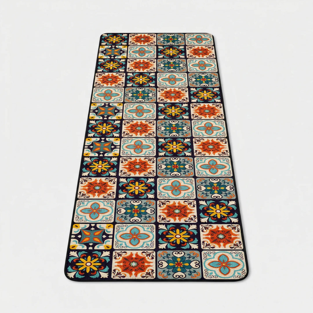 Comfortable long kitchen runner rug; durable non-slip floor mat with elegant tile pattern.