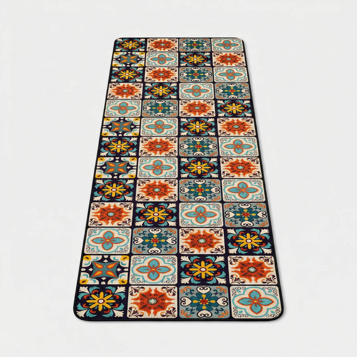 Comfortable long kitchen runner rug; durable non-slip floor mat with elegant tile pattern.