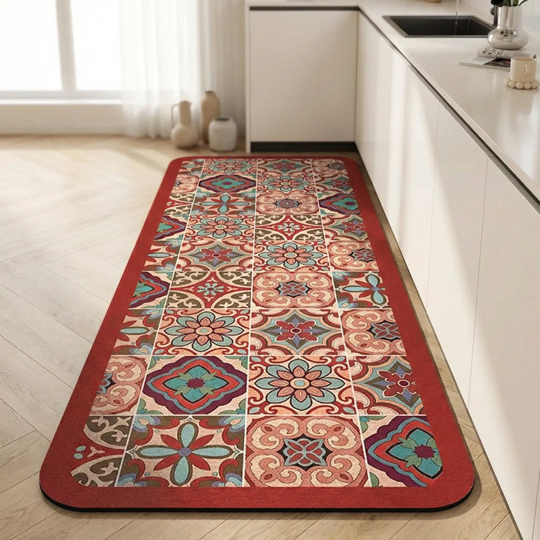 Stylish tile pattern long kitchen runner rug; durable and non-slip floor mat for home decor.