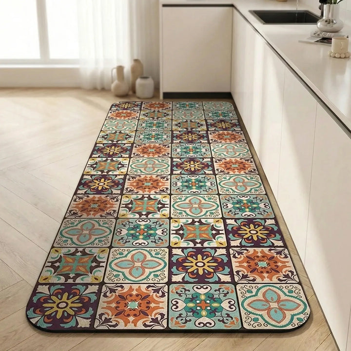 Durable kitchen runner rug, non-slip backing, beautiful tile pattern floor mat for busy kitchens.