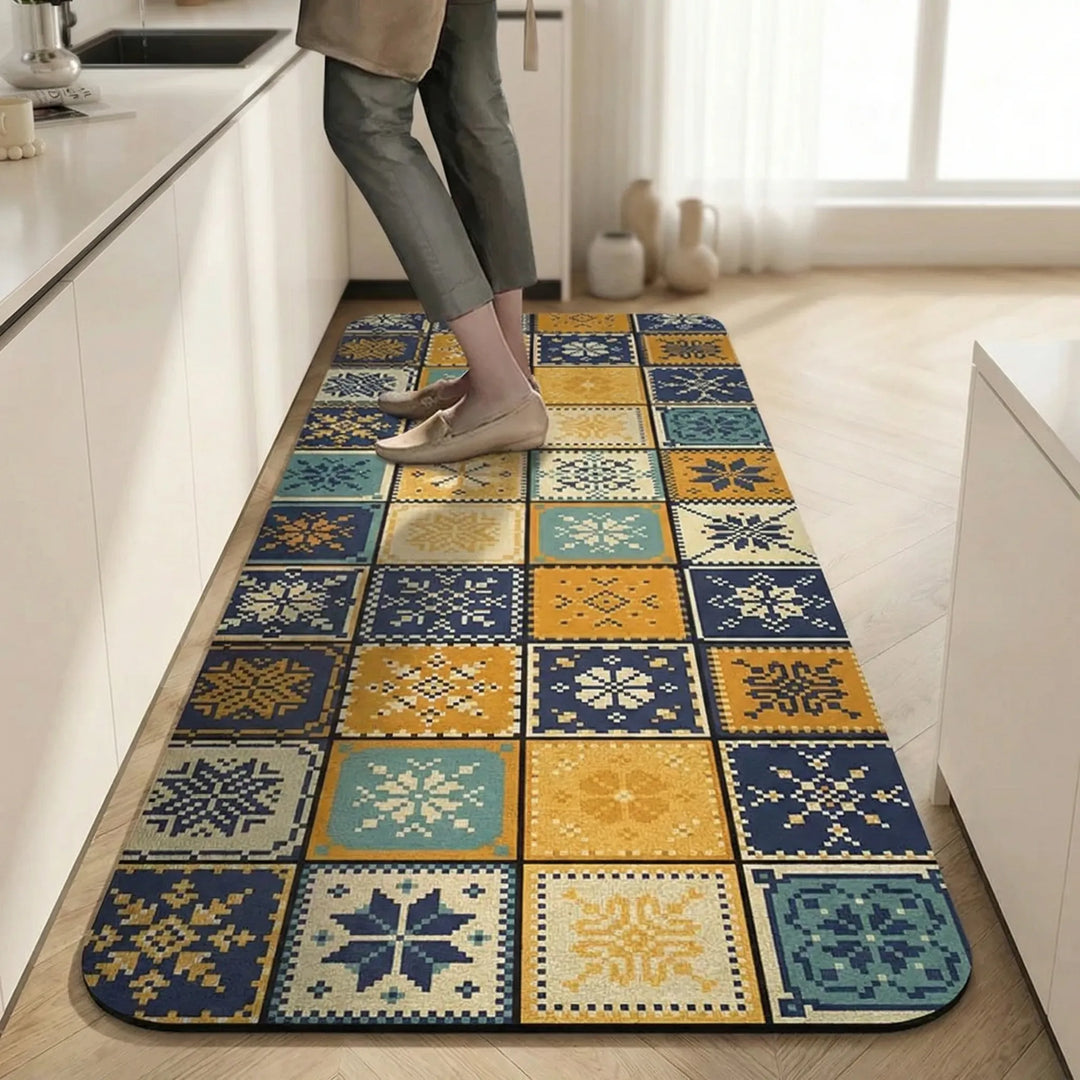 Accent long runner rug with non-slip tile pattern, ideal floor mat for entryway and kitchen.