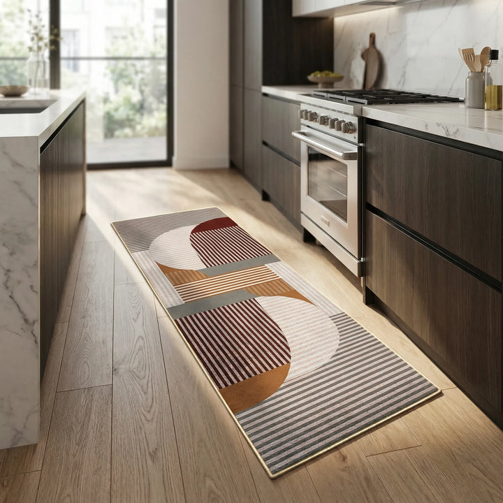 Elegant home decor kitchen runner rug, long and non-slip, featuring a modern tile pattern.