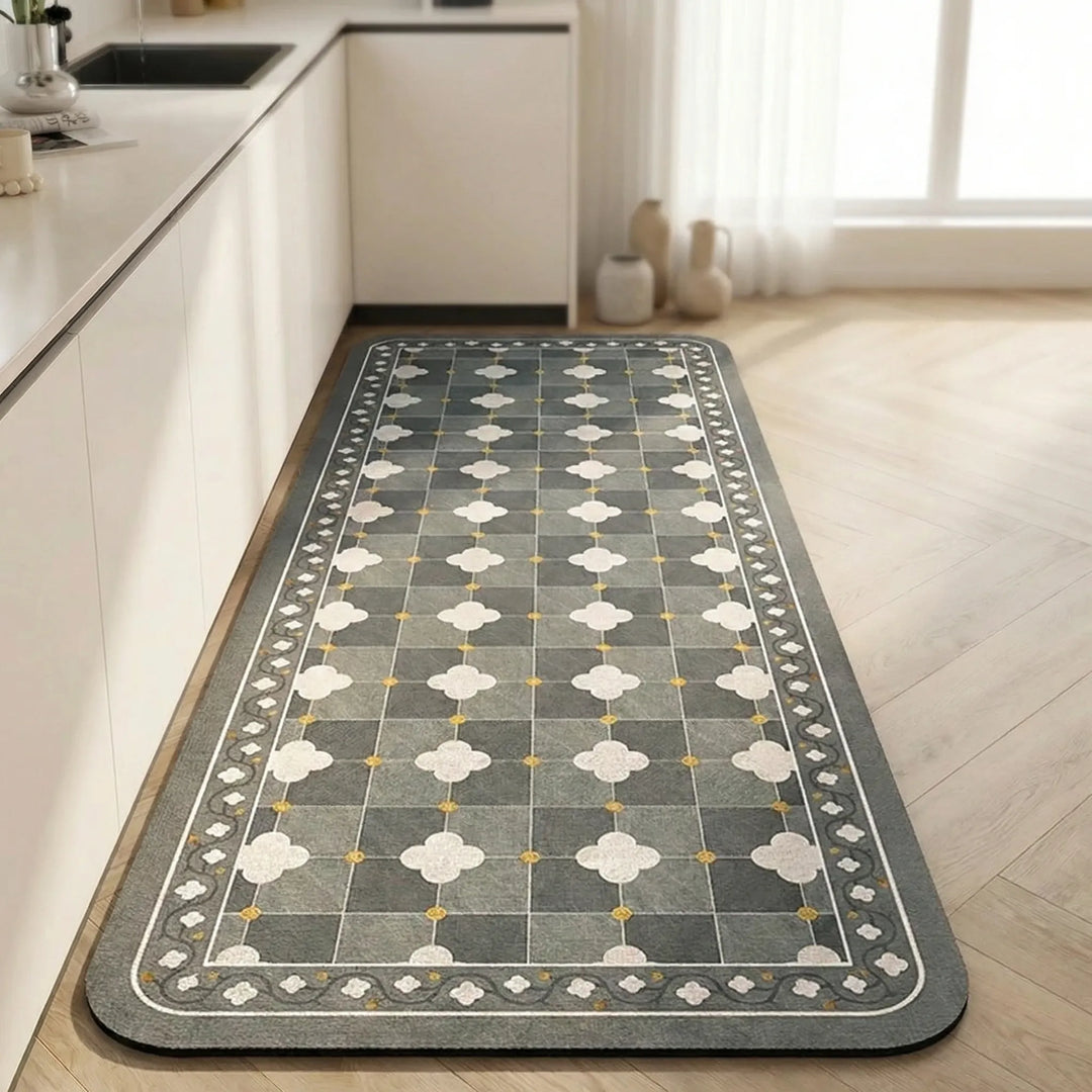 Durable long kitchen runner rug, non-slip, with a chic tile pattern, perfect floor mat.