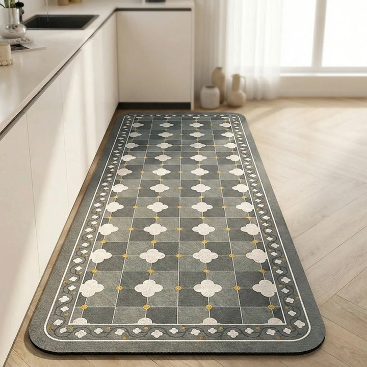 Durable long kitchen runner rug, non-slip, with a chic tile pattern, perfect floor mat.