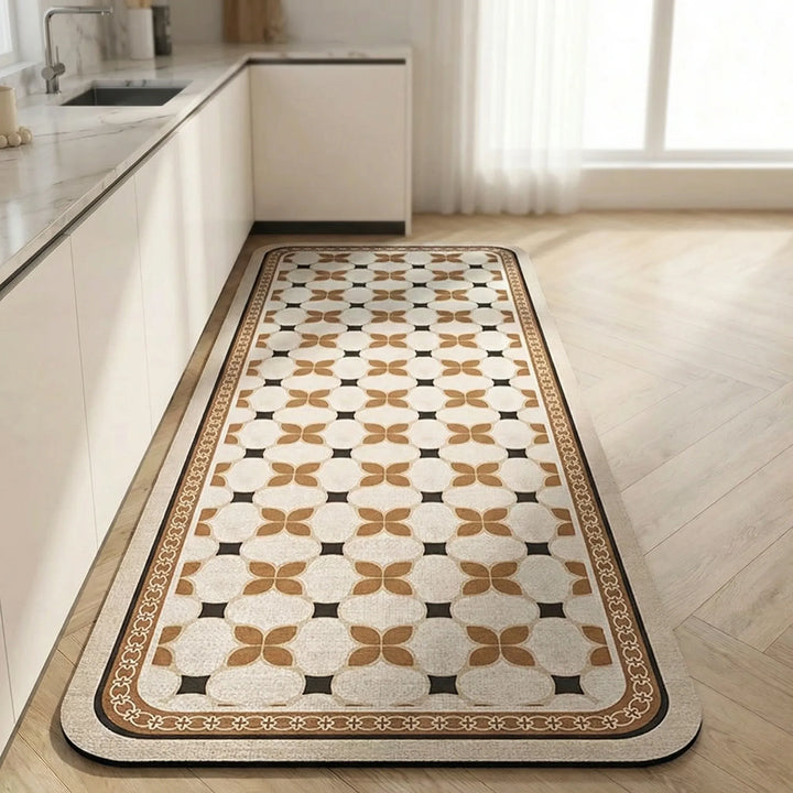 Versatile long kitchen runner rug, non-slip floor mat with a sophisticated tile pattern.