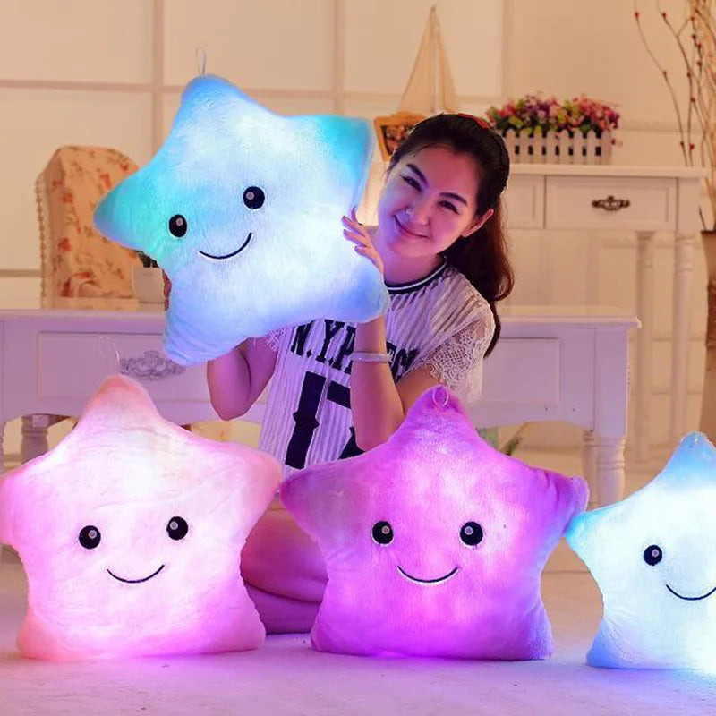 Luminous star plush pillow, soft glow for kids' bedroom night light, comfort item.