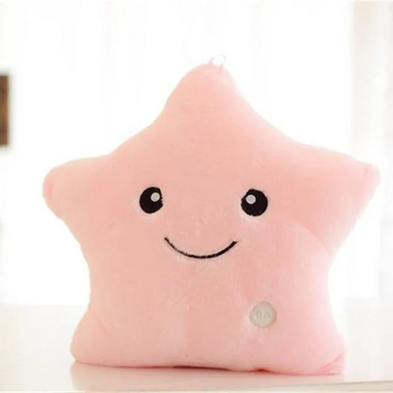 Kids' luminous star and heart plush pillows, soft comfort toys, glowing decor for child room.