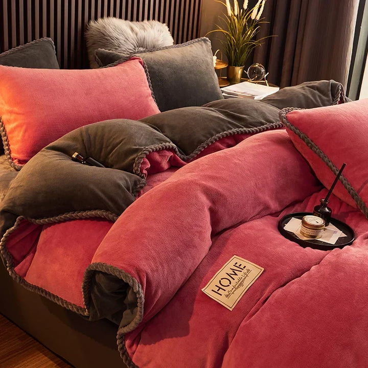 Luxurious velvet fleece comforter set for cozy winter bedding, perfect home decor.