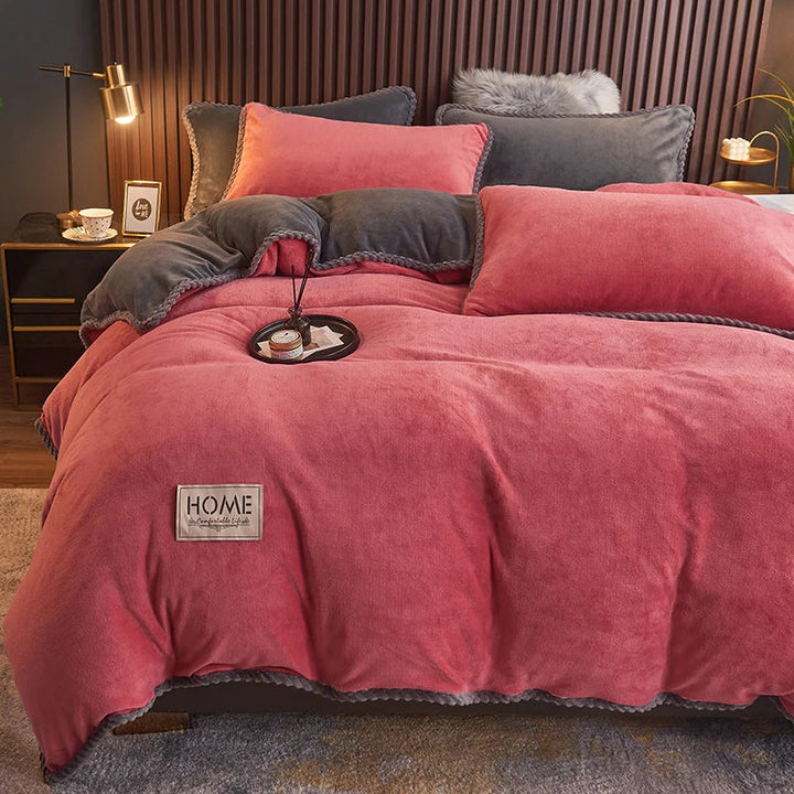Cozy velvet fleece comforter set, designed for a warm and inviting bedroom retreat.