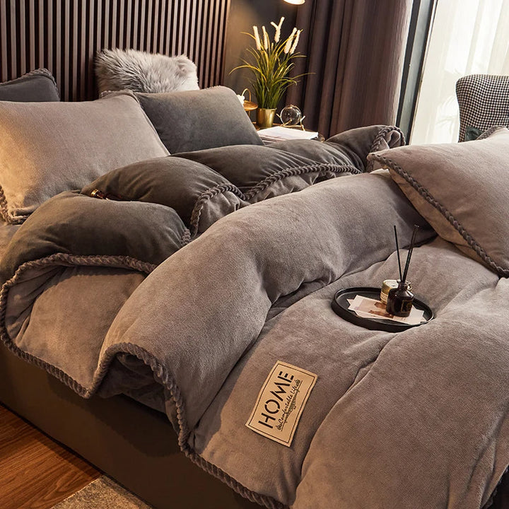 Warm winter velvet fleece comforter set, providing ultimate coziness for chilly nights.
