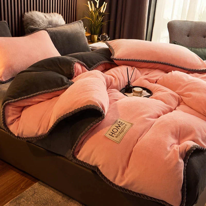 Close-up of plush velvet fleece comforter texture, highlighting its cozy softness.