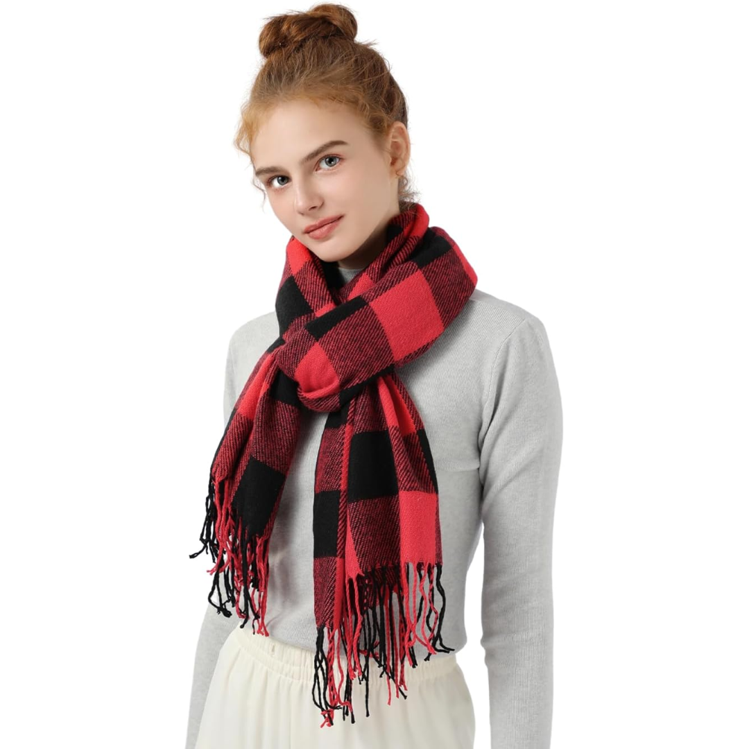 Elegant plaid cashmere scarf for women, cozy winter fashion statement.