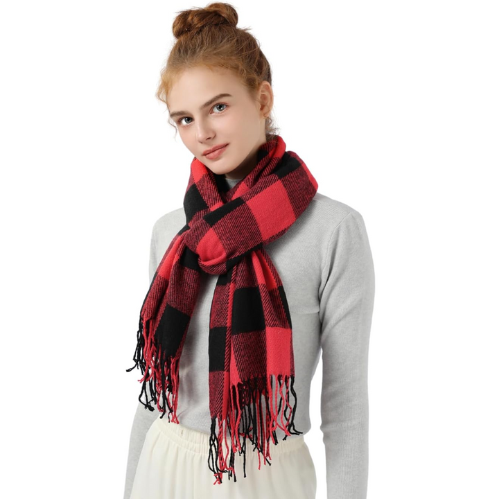 Elegant plaid cashmere scarf for women, cozy winter fashion statement.
