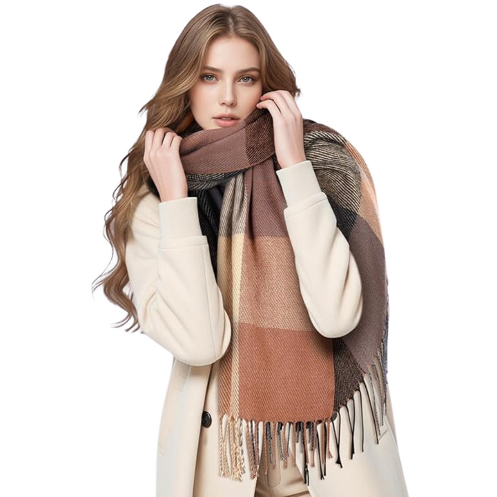 Stylish women's cashmere plaid scarf, ideal for a chic winter look.