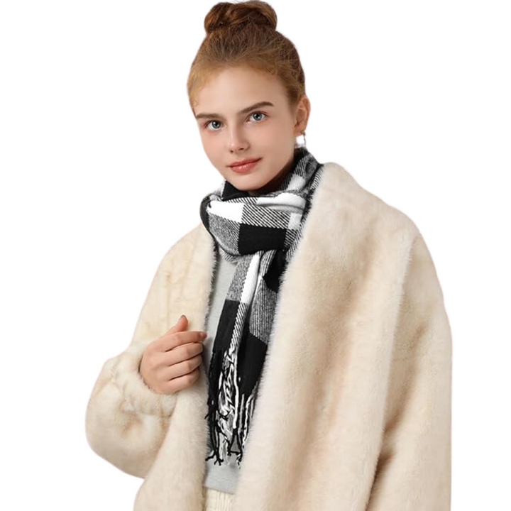 Cozy women's checked cashmere wrap, soft and warm for winter comfort.