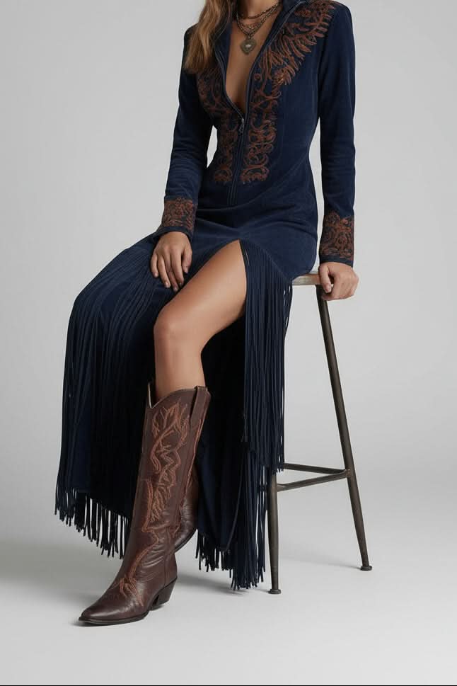 Navy blue fringe maxi dress for women, an elegant statement piece perfect for formal events.