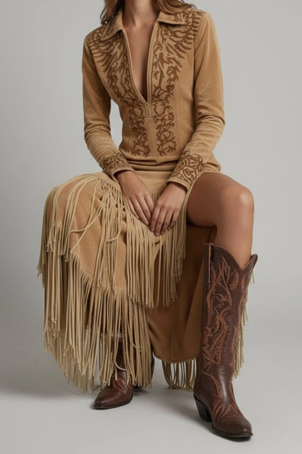 Light brown women's fringe maxi dress, a stylish western-inspired party & evening dress.