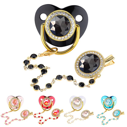 Luxury rhinestone baby pacifier with gold clip & protective cover, newborn essentials