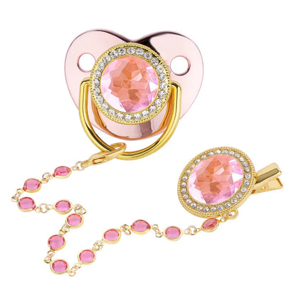 Sparkling rhinestone baby pacifier, gold clip, silicone soother, infant feeding accessory