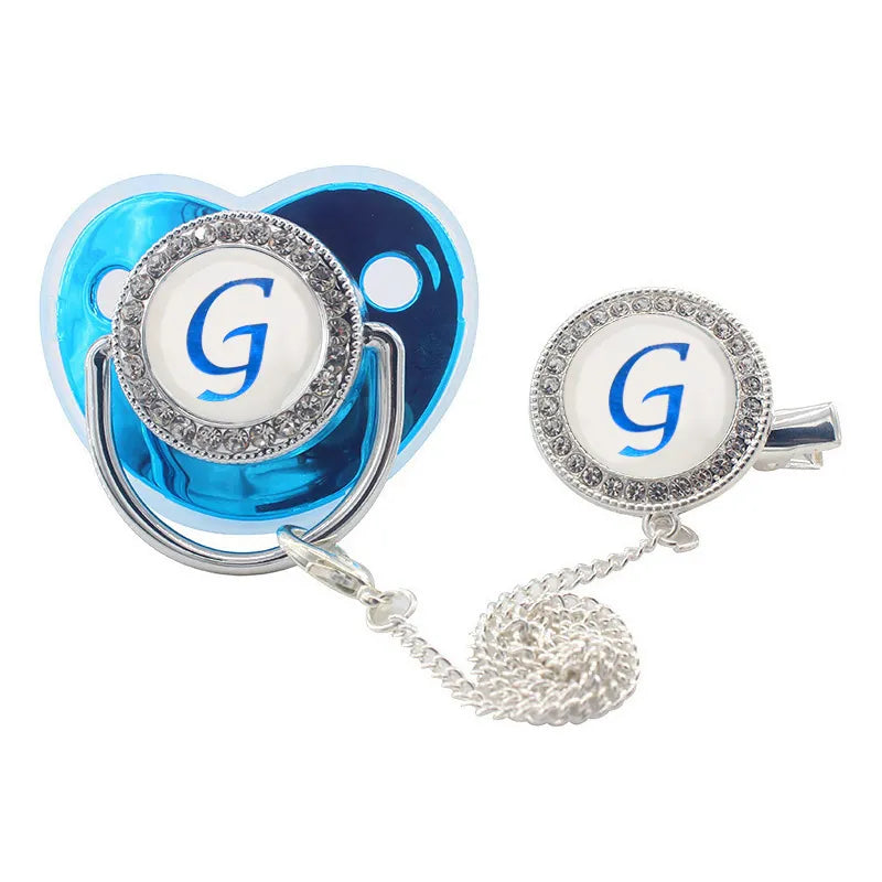 Soothing baby pacifier, luxury design with rhinestones and an easy-attach clip