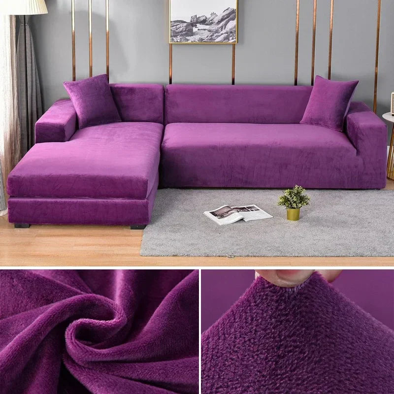 Pet-proof stretch velvet couch cover, easy to install, elegant solution for living rooms.