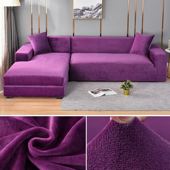 Pet-proof stretch velvet couch cover, easy to install, elegant solution for living rooms.