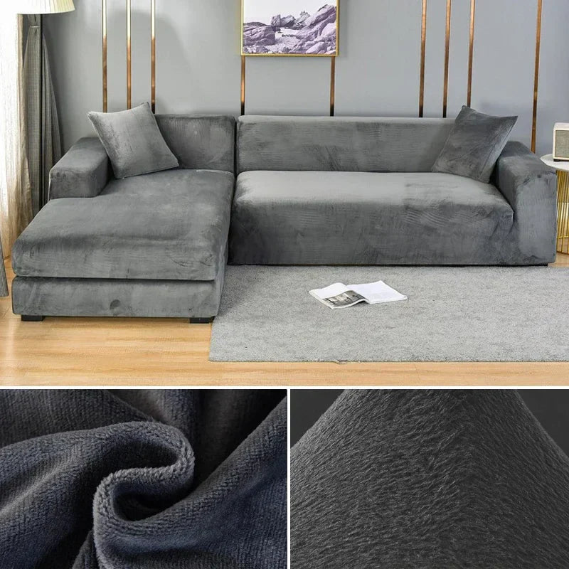 Soft stretch velvet sofa cover, premium feel, transforms living room aesthetics, easy to clean.