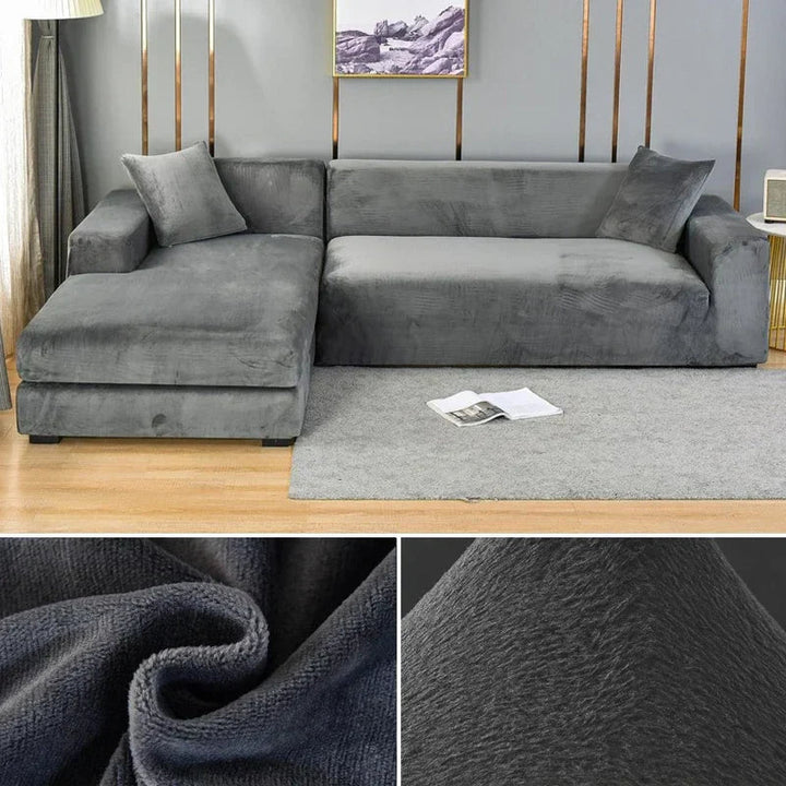 Soft stretch velvet sofa cover, premium feel, transforms living room aesthetics, easy to clean.