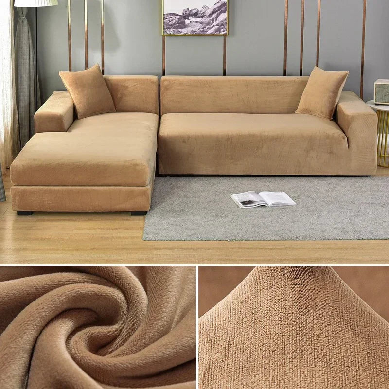 Form-fitting stretch velvet furniture protector, soft touch, ideal for busy living rooms.