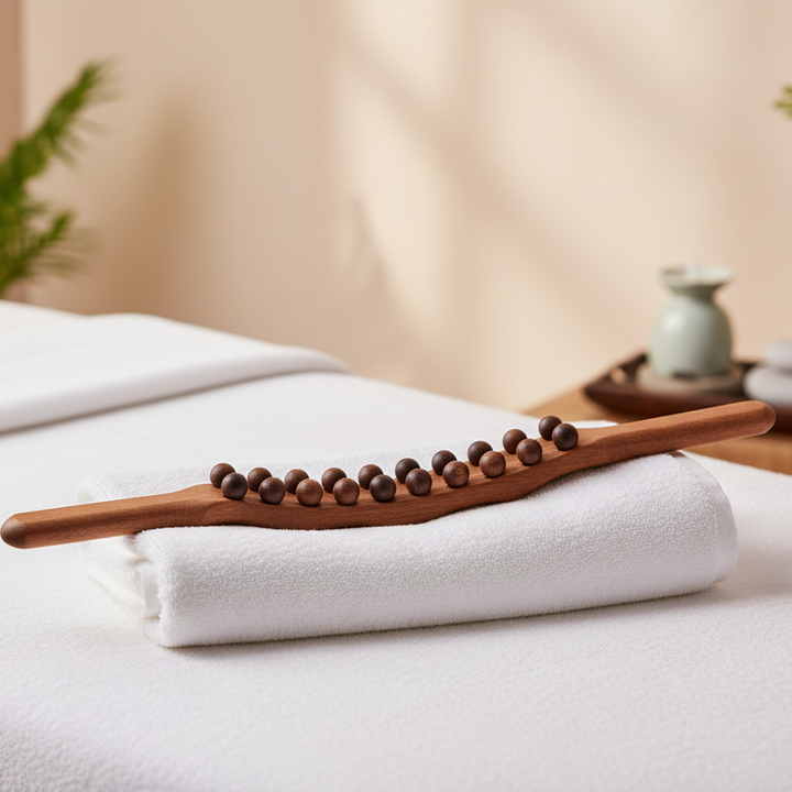 Luxury wooden Gua Sha massage stick for body relaxation, handcrafted natural wood, muscle relief.