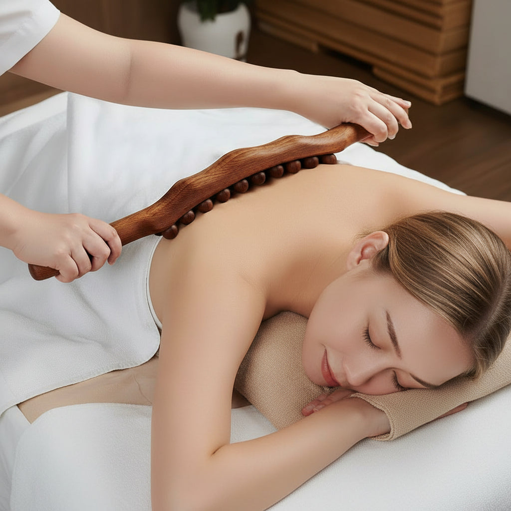 Ergonomic wooden Gua Sha massage stick for muscle relief, improving blood circulation & body relaxation.