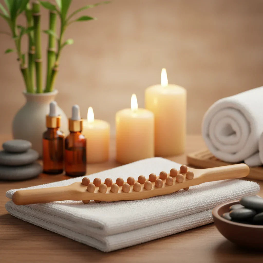 Natural wood Gua Sha stick, ideal self-care & therapy tool for deep tissue massage & wellness.