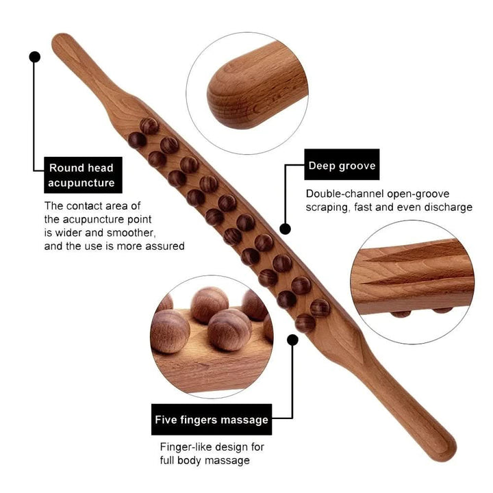 Hand polished natural wood Gua Sha massage stick, promoting muscle recovery & soothing body tension.