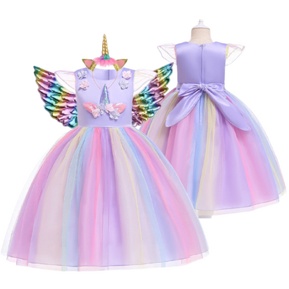 Magical unicorn princess party dress for girls, vibrant colors, perfect birthday outfit with fantasy style.