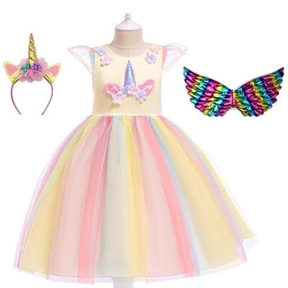 Sleeveless pink & blue unicorn princess dress, magical design for girls' birthday parties. Kids fashion.