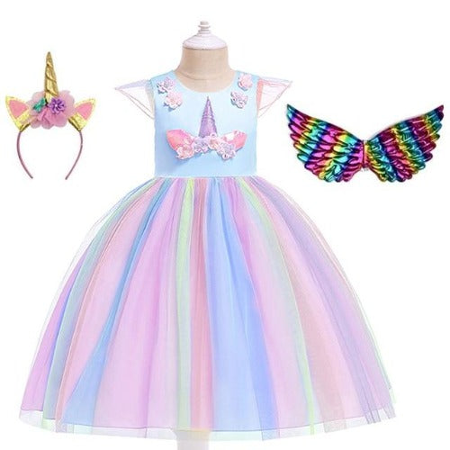 Full view of a vibrant unicorn princess party dress for girls, ideal fantasy birthday outfit. Includes accessories.