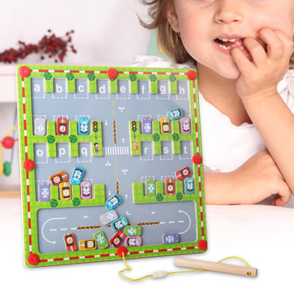 Kids playing with a Montessori magnetic alphabet board, learning letters and words, fine motor skills