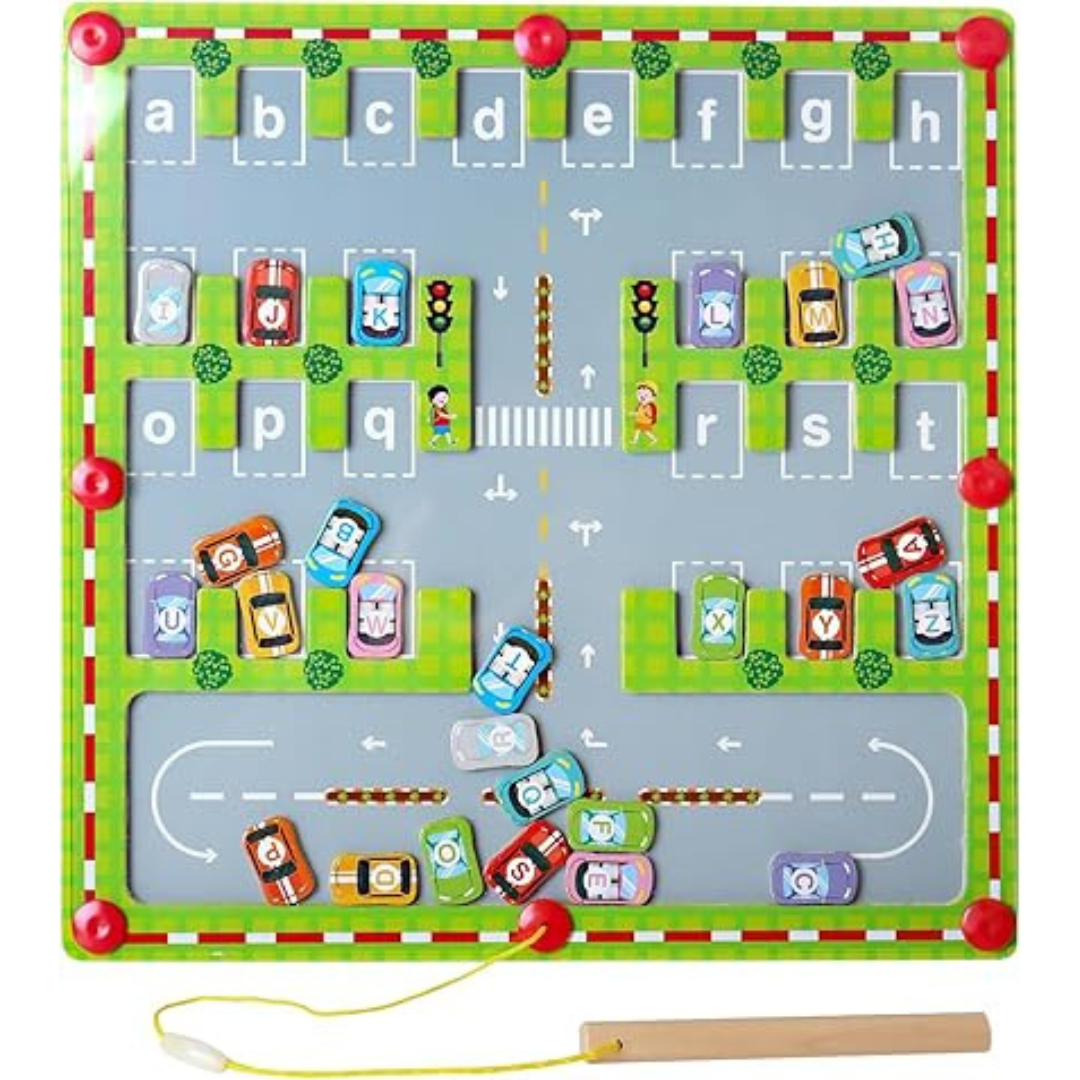 Educational magnetic letter set on a wooden board, ideal for alphabet learning and pre-school play