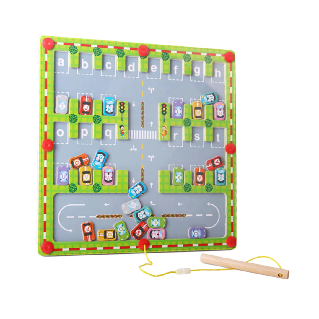 Full view of an educational wooden magnetic board with all alphabet letters for early childhood learning