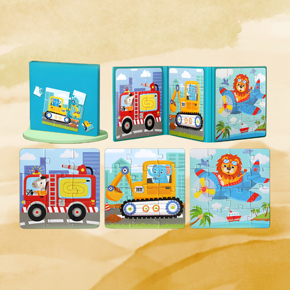 Magnetic animal and vehicle puzzle flipbook, educational kids toy for learning play