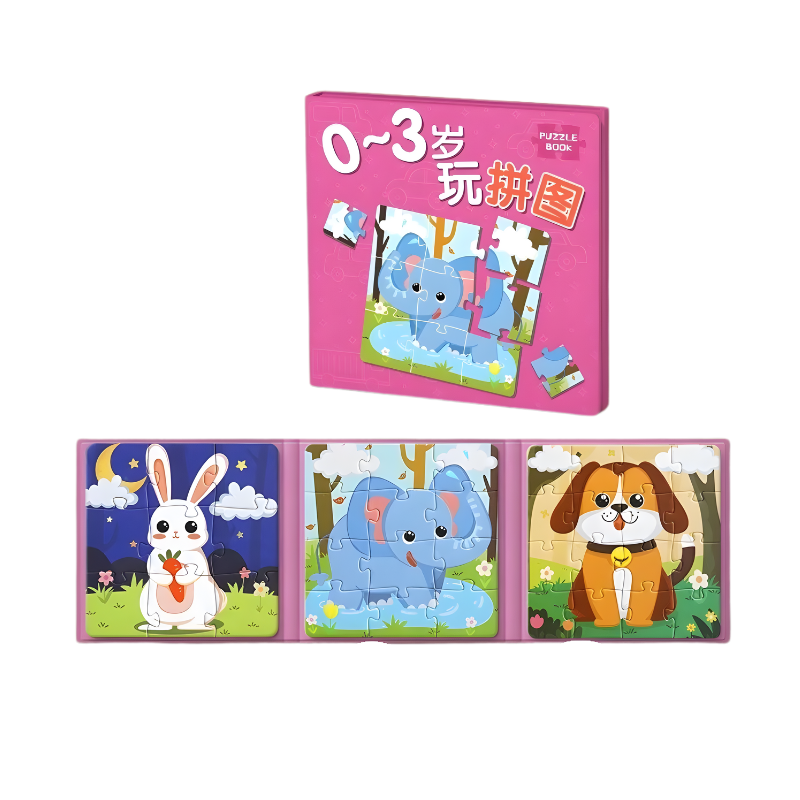 Toddler playing with magnetic animal puzzle flipbook, a fun Montessori travel game