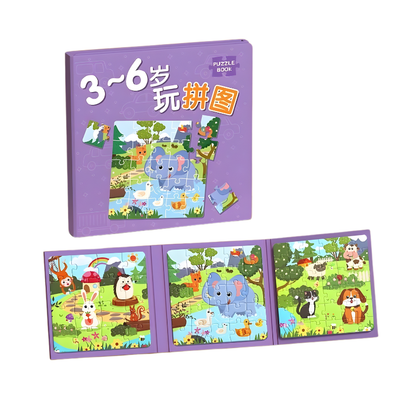 Close-up of magnetic dinosaur pieces on an educational puzzle flipbook for kids