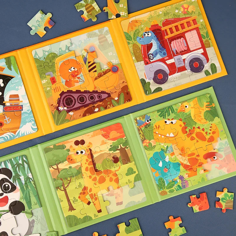 Kids magnetic travel puzzle book open, showing colorful animal shapes for activity and learning